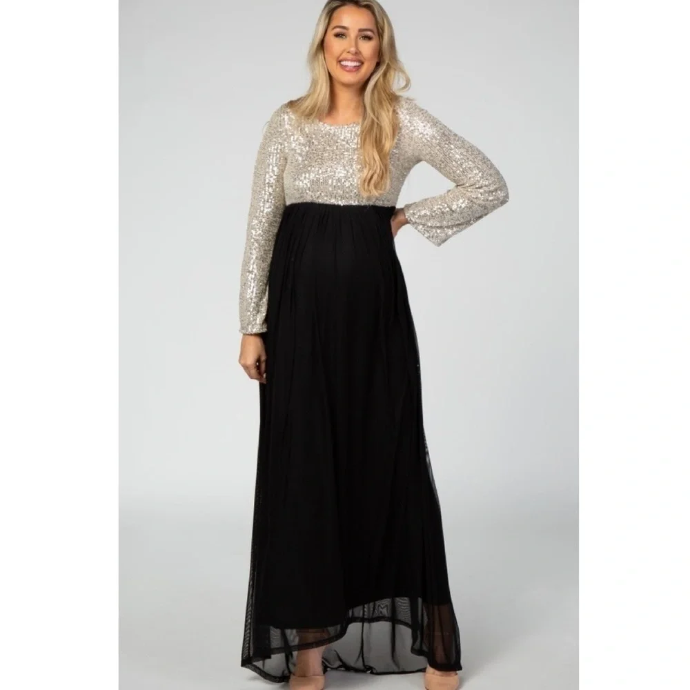 PinkBlush sequin bodice long sleeve maxi dress
